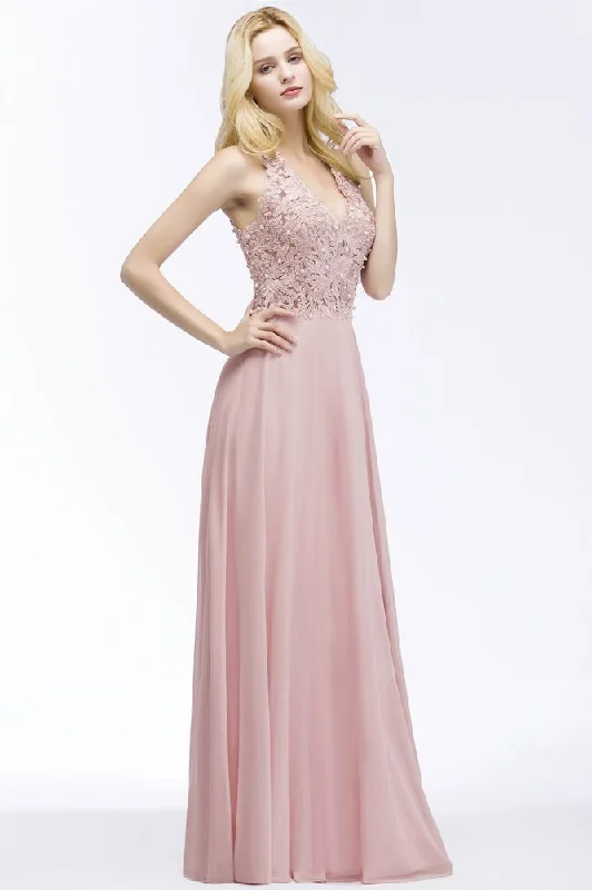 A-line V-neck Appliques Chiffon Evening Maxi Dresses Sleeveless Bridesmaid Dress Stylish Off-Shoulder Maxi Dress