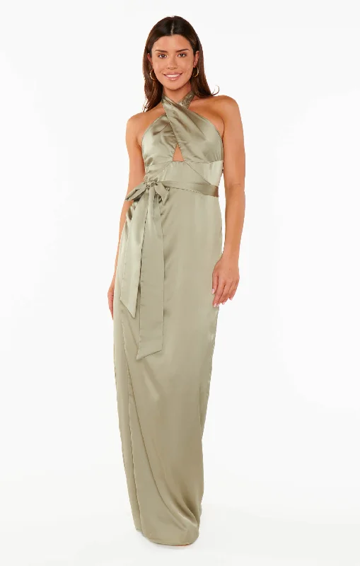 Adele Halter Maxi Dress ~ Moss Green Luxe Satin Stylish Maxi Dress with Pleats