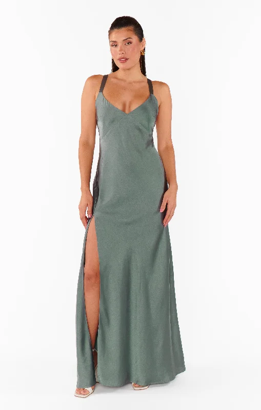 Anderson Maxi Dress ~ Deep Sage Luxe Satin Classic V-Neck Maxi Dress