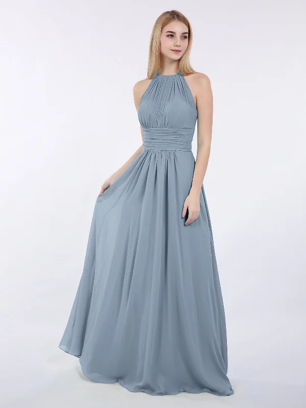 Halter Chiffon Maxi Dress of Bridesmaid Dusty Blue Comfortable Maxi Dress with Belt