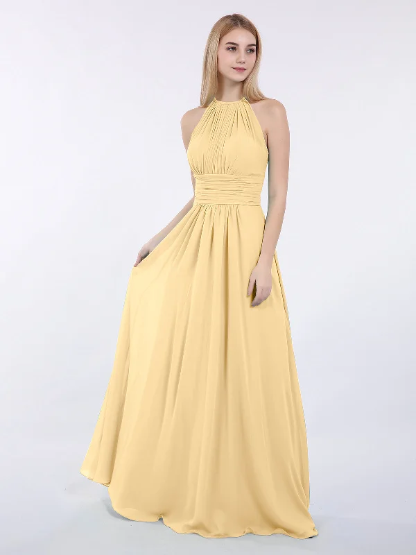 Halter Chiffon Maxi Dress of Bridesmaid Gold Comfortable Ruffle Maxi Dress
