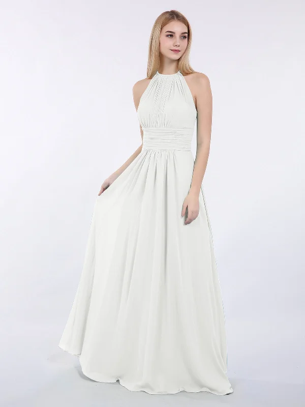 Halter Chiffon Maxi Dress of Bridesmaid Ivory Elegant Maxi Dress with Slit