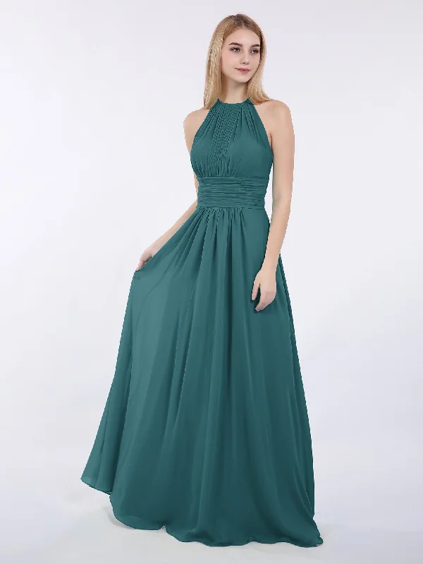 Halter Chiffon Maxi Dress of Bridesmaid Peacock Trendy Maxi Dress with Straps