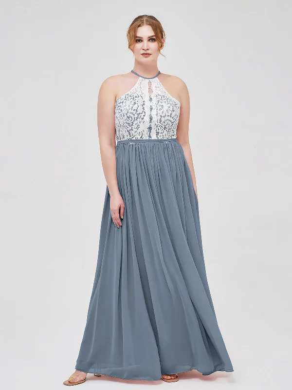 Halter Maxi Dress with Ivory Lace Bodice-Dusty Blue Fashionable Faux Wrap Maxi Dress