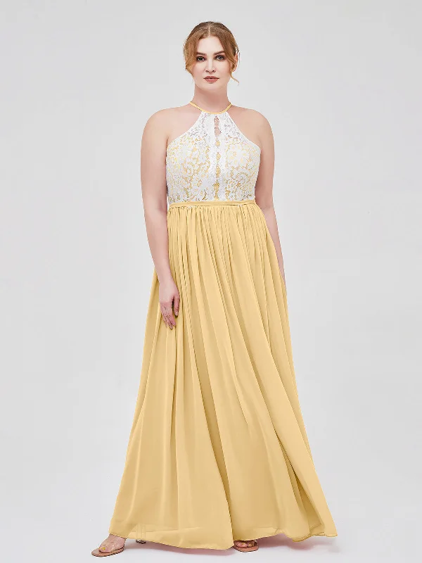 Halter Maxi Dress with Ivory Lace Bodice-Gold Elegant Maxi Dress with Belt