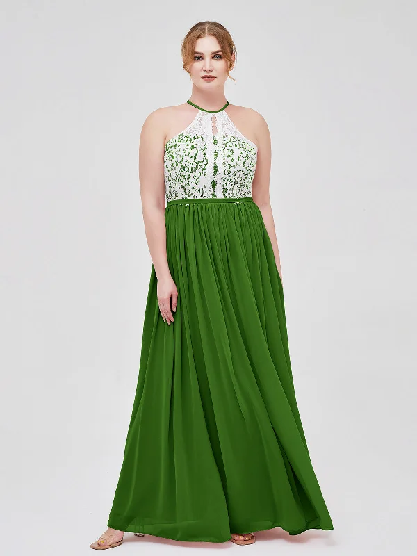 Halter Maxi Dress with Ivory Lace Bodice-Moss Elegant Maxi Dress with Drapes
