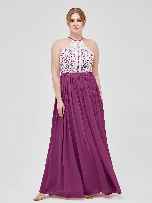 Halter Maxi Dress with Ivory Lace Bodice-Orchid Stylish Maxi Dress with Pleats