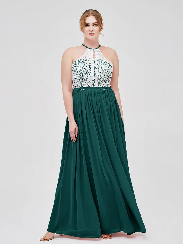 Halter Maxi Dress with Ivory Lace Bodice-Peacock Fashionable Asymmetrical Maxi Dress