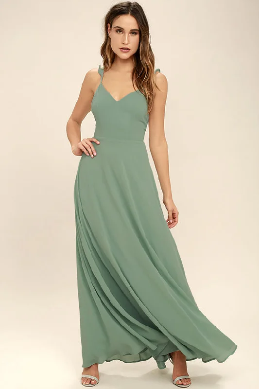 Chiffon Long Sage Bridesmaid Gown Double Straps Maxi Dresses Fashionable Halter Neck Maxi Dress