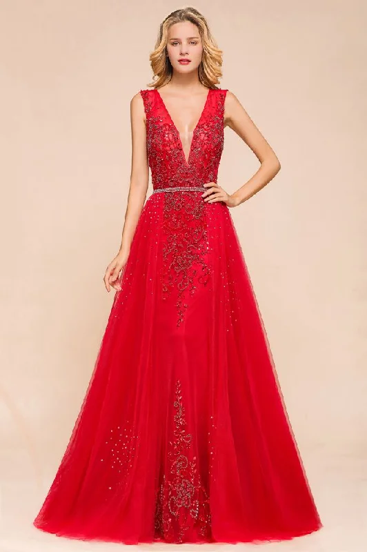 Deep V-Neck Sleeveless Lace Appliques Evening Maxi Dress A-line Chiffon Prom Dress Comfortable Satin Maxi Dress