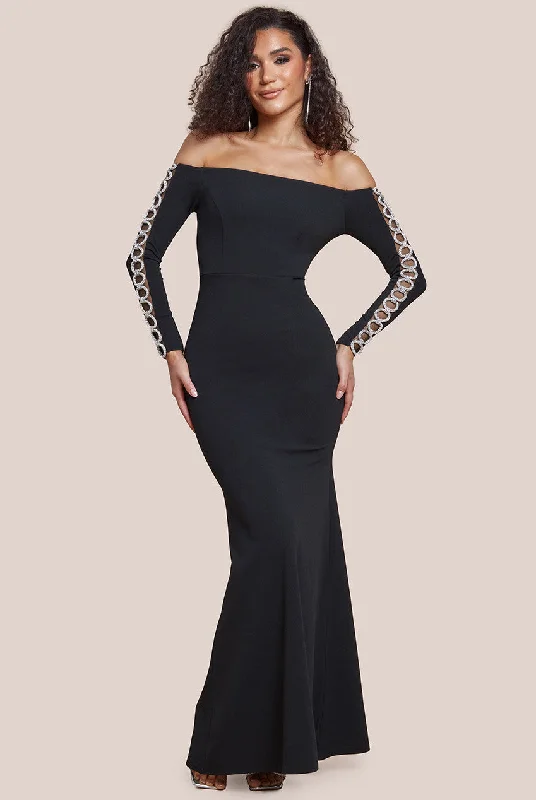 Goddiva Embellished Diamante Sleeve Bardot Maxi Dress - Black Comfortable Maxi Dress with Slits