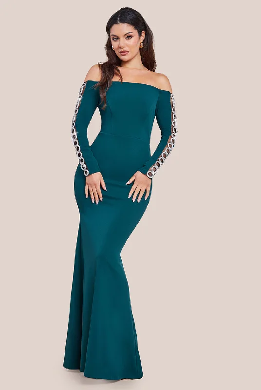 Goddiva Embellished Diamante Sleeve Bardot Maxi Dress - Emerald Green Trendy Satin Maxi Dress