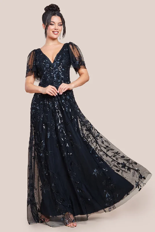 Goddiva Flared Sleeve Embroidered Maxi Dress - Black Fashionable Asymmetrical Maxi Dress