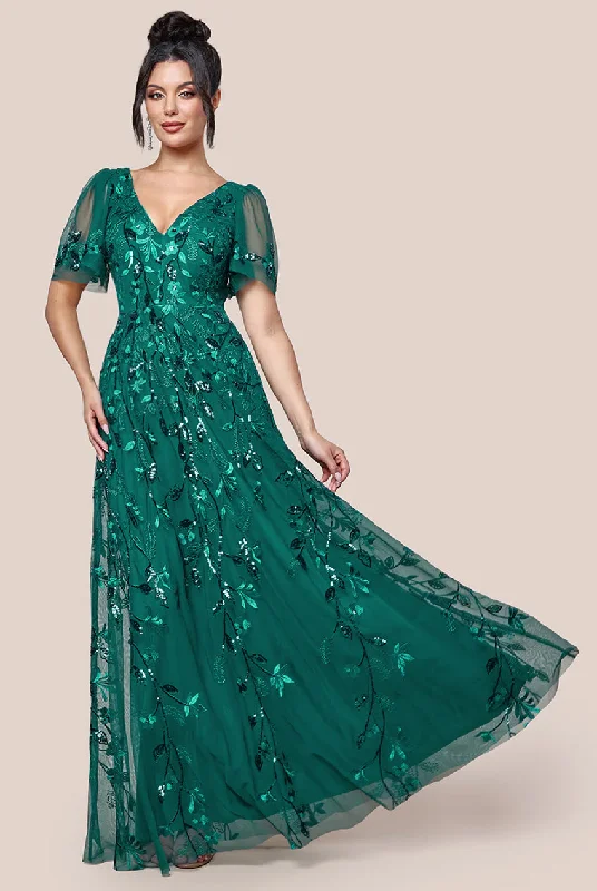 Goddiva Flared Sleeve Embroidered Maxi Dress - Emerald Trendy Maxi Dress with Bow
