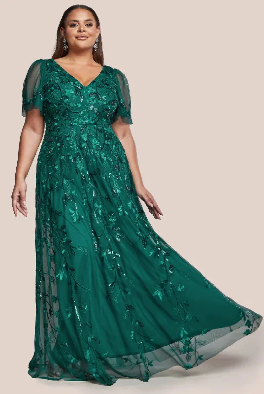 Goddiva Plus Flared Sleeve Embroidered Maxi Dress - Emerald Stylish Pleated A-Line Maxi Dress