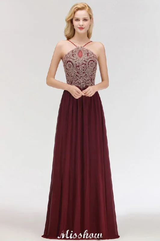 Halter Spaghetti Gold Appliques Swing Dress Sleeveless Tulle Chiffon Evening Maxi Dress Fashionable Printed Maxi Dress