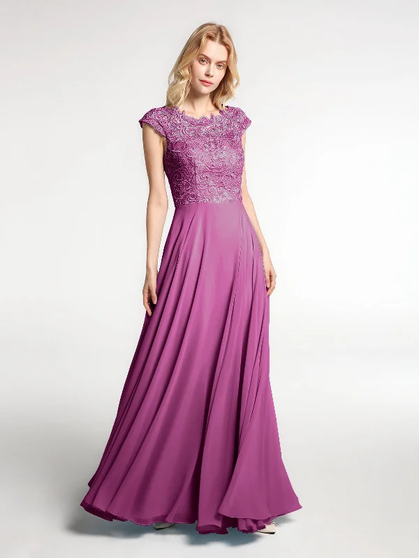 Illusion Wrap Neck Lace and Chiffon Maxi Dress-Orchid Cozy Open-Back Maxi Dress
