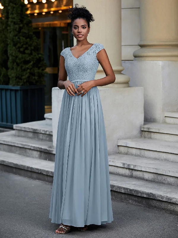 Lace and Chiffon Maxi Dress with Cap Sleeves-Dusty Blue Elegant Maxi Dress with Lace