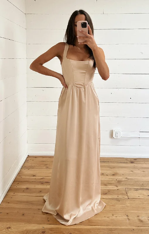 Nina Maxi Dress ~ Champagne Luxe Satin Stylish V-Neck Maxi Dress