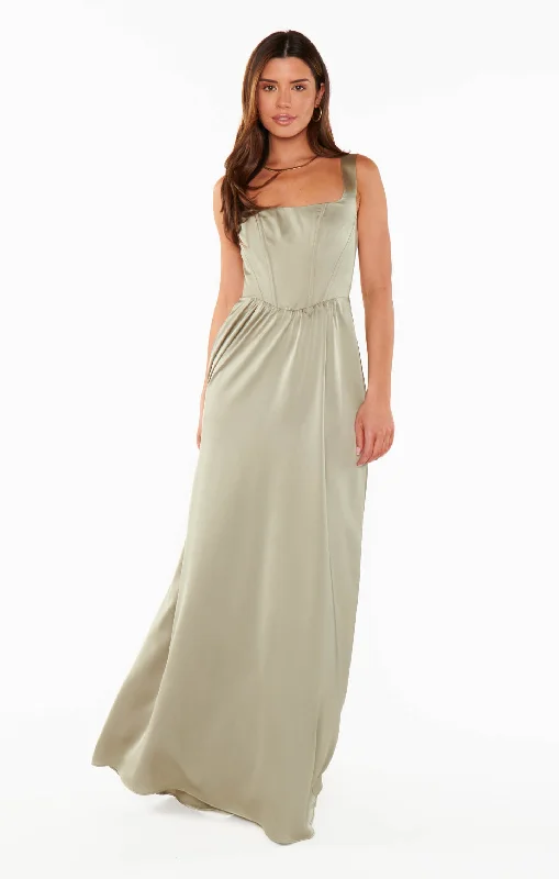 Nina Maxi Dress ~ Moss Green Luxe Satin Fashionable High-Low Maxi Dress