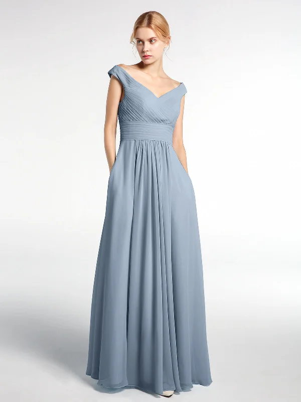 Off shoulder V-neck Maxi Dress with Pockets-Dusty Blue Trendy Satin Maxi Dress