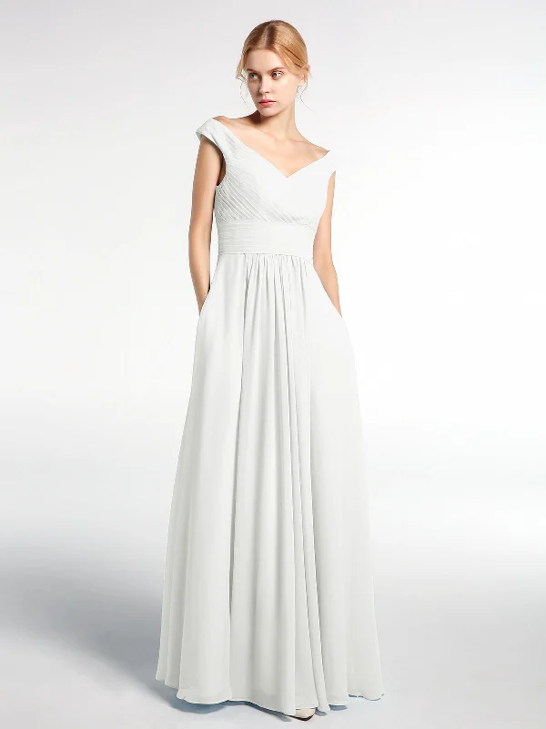 Off shoulder V-neck Maxi Dress with Pockets-Ivory Trendy Fit-and-Flare Maxi Dress