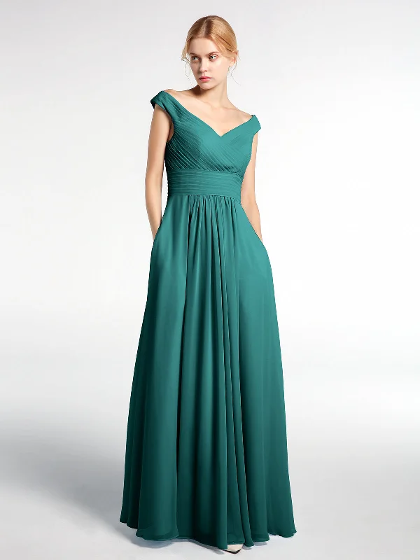 Off shoulder V-neck Maxi Dress with Pockets-Peacock Trendy A-Line Maxi Dress