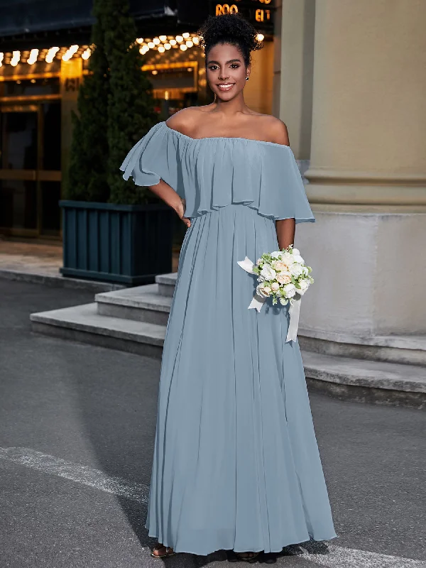 Off the Shoulder Ruffles Chiffon Maxi Dress-Dusty Blue Stylish Longline Maxi Dress