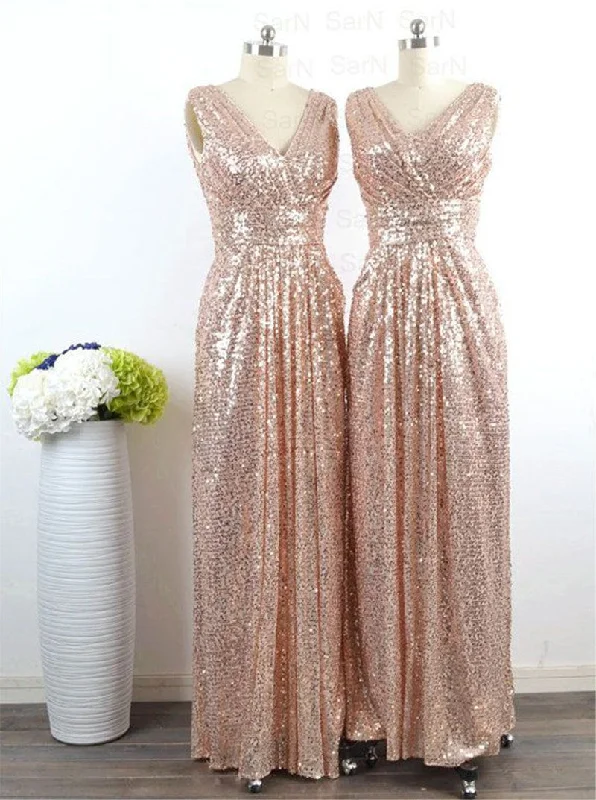 Rose Gold Prom Dress,Sequin Maxi Dress,Sequin Prom Evening Dress,V Neck Two Straps Prom Bridesmaid Dress,Sparkly Wedding Gown Elegant Silk Maxi Dress