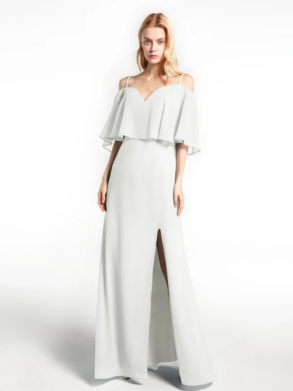 Ruffled Cold Shoulder Maxi Dress with Flounce Overlay Ivory Elegant Silk Maxi Dress