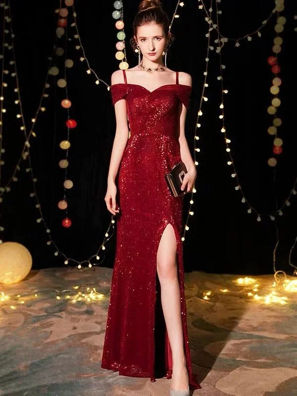 Sequin Evening Dresses Sexy Off The Shoulder Split Floor Length Maxi Dress Fashionable Printed Maxi Dress