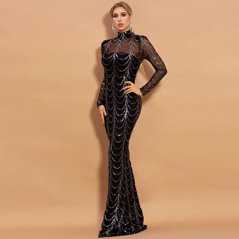 Sequins Women Maxi Dresses Long Sleeve Female Party Dresses Stylish Empire Waist Maxi Dress