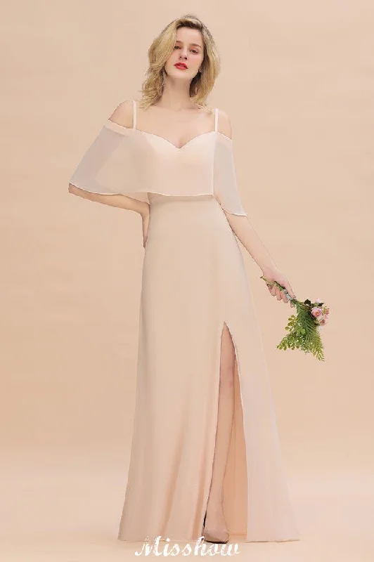 Simple Spaghetti Straps Tiered Bridesmaid Dresses | Side Slit A-Line Sleeveless Evening Maxi Dresses Trendy Maxi Dress with Belt