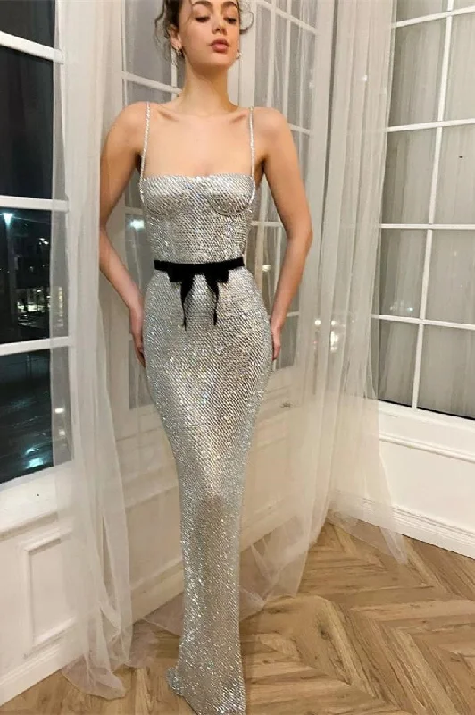 Spaghetti Sexy Silver Mermaid Maxi Dresses, Long Prom Dresses, Newest Prom Dresses, Party Dresses Fashionable Chiffon Maxi Dress