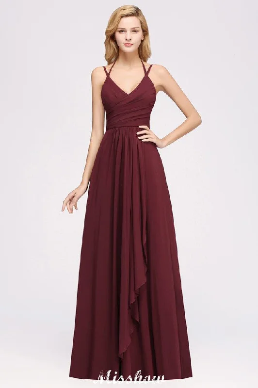Spaghetti Sleeveless Ruffles A-line Chiffon Bridesmaid Dresses Straps Evening Maxi Dress Comfortable Flowy Maxi Dress