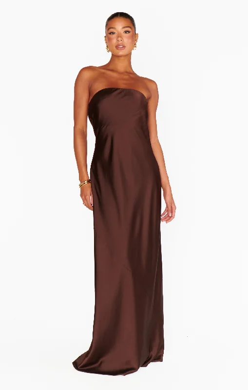 Taylor Tube Maxi Dress ~ Chocolate Luxe Satin Fashionable Button-Down Maxi Dress