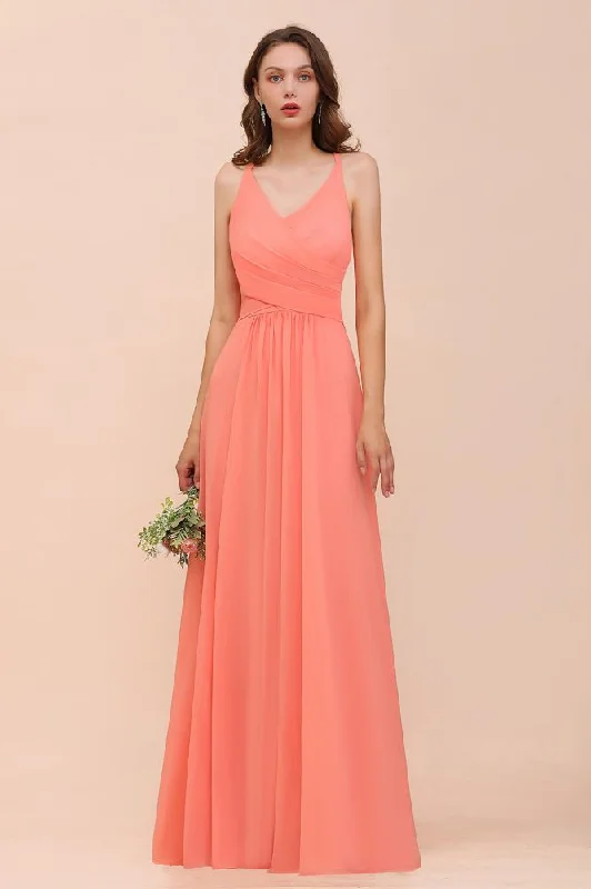 Watermelon Colorful Bridesmaid Maxi Dress Floor-Length V-Neck Maid of Honor Dress Elegant Floral Maxi Dress