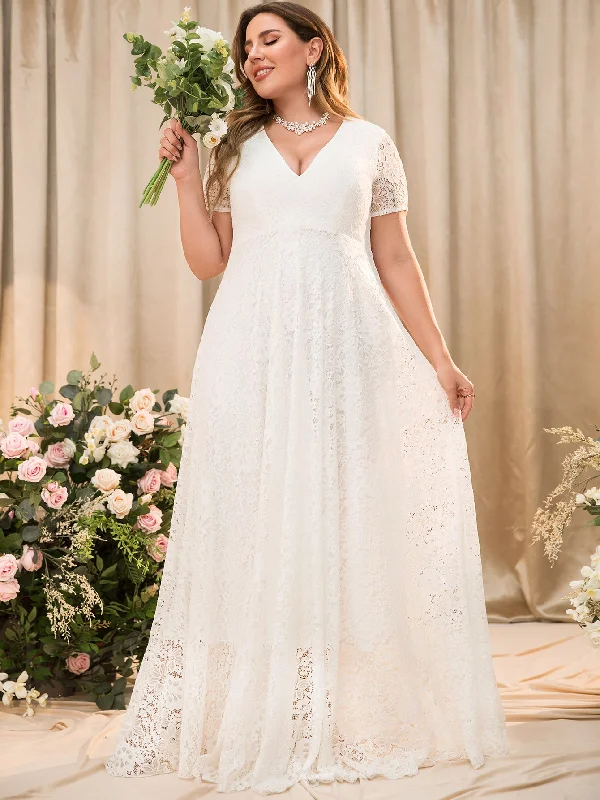 Women Plus Size Floral Lace V-neck Short Sleeve Long Maxi Dresses Cozy Maxi Dress with Slit