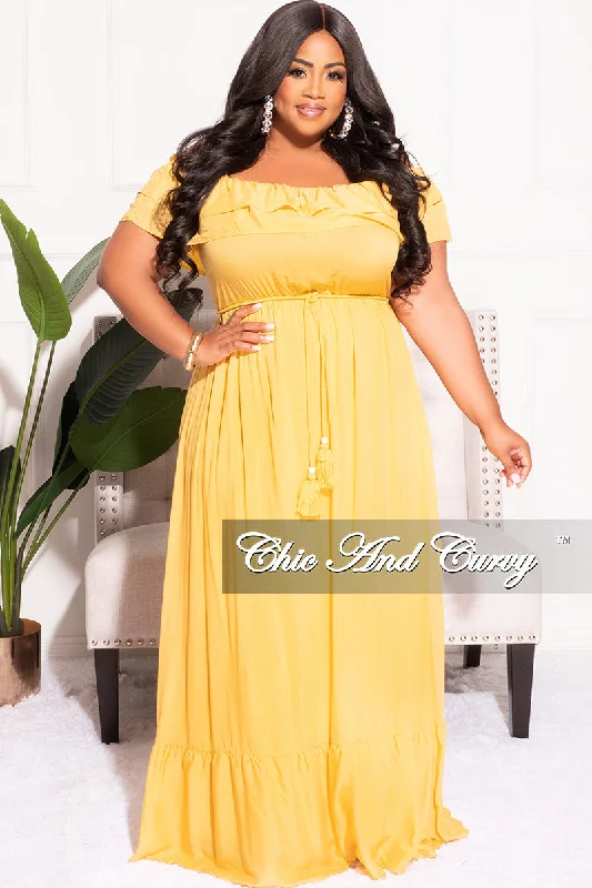 Final Sale Plus Size Off the Shoulder Ruffle Maxi Dress in Mustard Comfortable Satin Maxi Dress