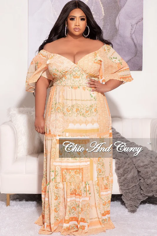 Final Sale Plus Size Off the Shoulder Deep V Maxi Dress in  Mustard Orange and Green Floral Print Chic Boho Print Maxi Dress