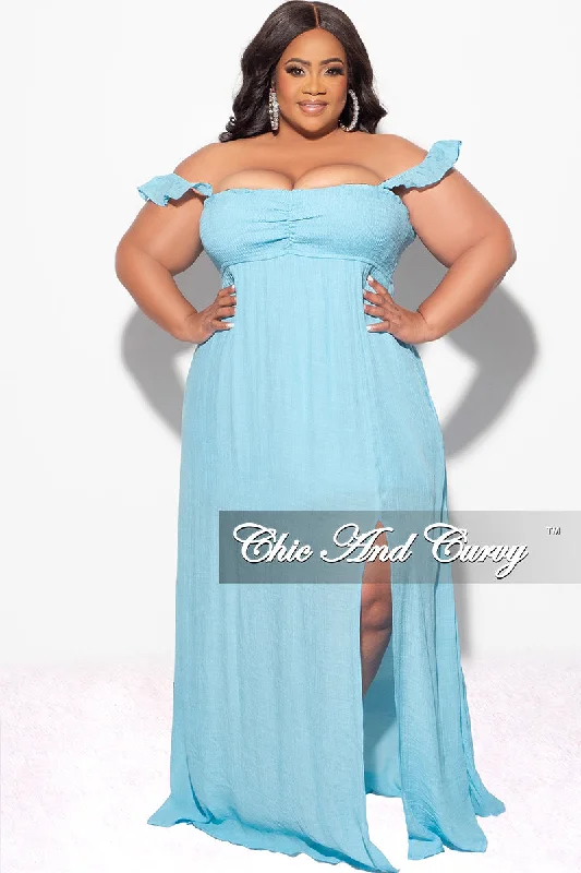 Final Sale Plus Size Off the Shoulder Smocked Maxi Dress in Soft Blue Elegant Silk Maxi Dress