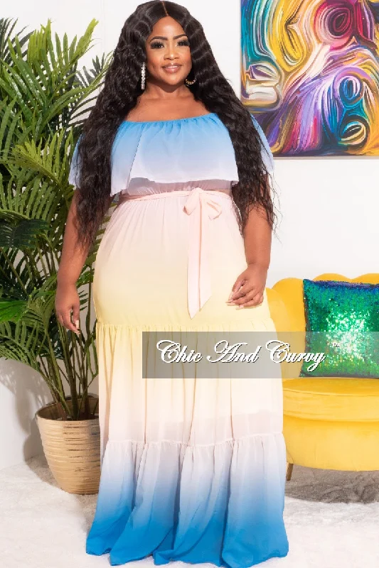 *Final Sale Plus Size Off The Shoulder Chiffon Maxi Dress in Yellow, Blue & Peach Ombre Summer Comfortable Fit-and-Flare Maxi Dress *Final Sale Plus Size Off The Shoulder Chiffon Maxi Dress in Yellow, Blue & Peach Ombre Summer Comfortable Fit-and-Flare Maxi Dress
