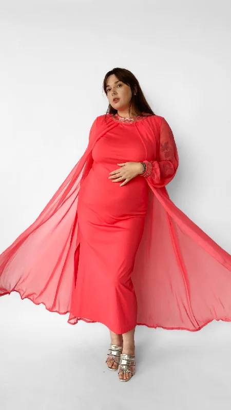 1960s Coral Beaded Maxi Dress with cape, sz. L-XL Trendy Maxi Dress with Straps
