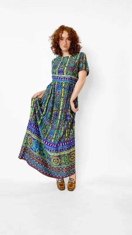 1970s Colorful Geometric Maxi Dress, sz. M Trendy Satin Maxi Dress