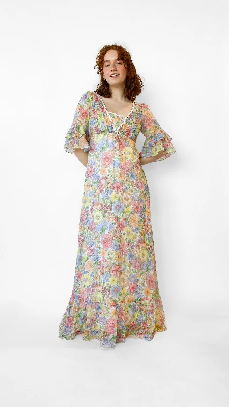 1970s Pastel Floral Prairie Maxi Dress, sz. M Classic Tulle Maxi Dress