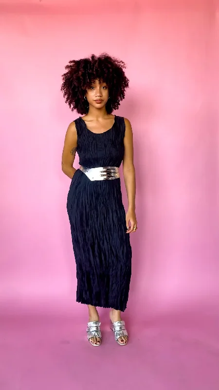 1990s Black Crinkle Maxi Dress, sz. S-XL Stylish Boho Chic Maxi Dress