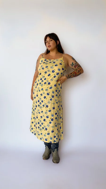 1990s Yellow Floral Maxi Dress, sz. XL Fashionable Sheer Maxi Dress