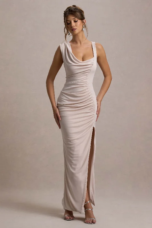 Analissa | Champagne Asymmetric Draped Maxi Dress With Split Elegant Tiered Maxi Dress