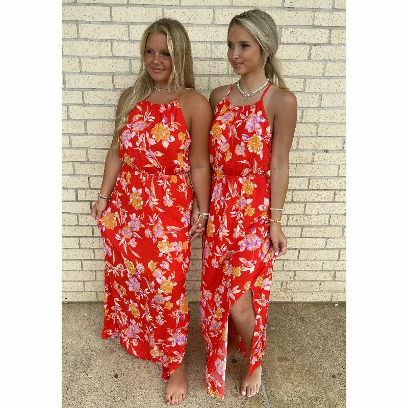 Anna Red Floral Maxi Dress Cozy Ribbed Maxi Dress