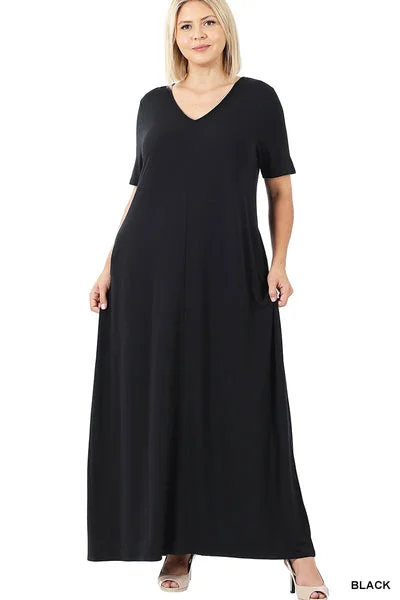 Black V-Neck Maxi Dress (Small-3X) Chic Sleeveless Maxi Dress